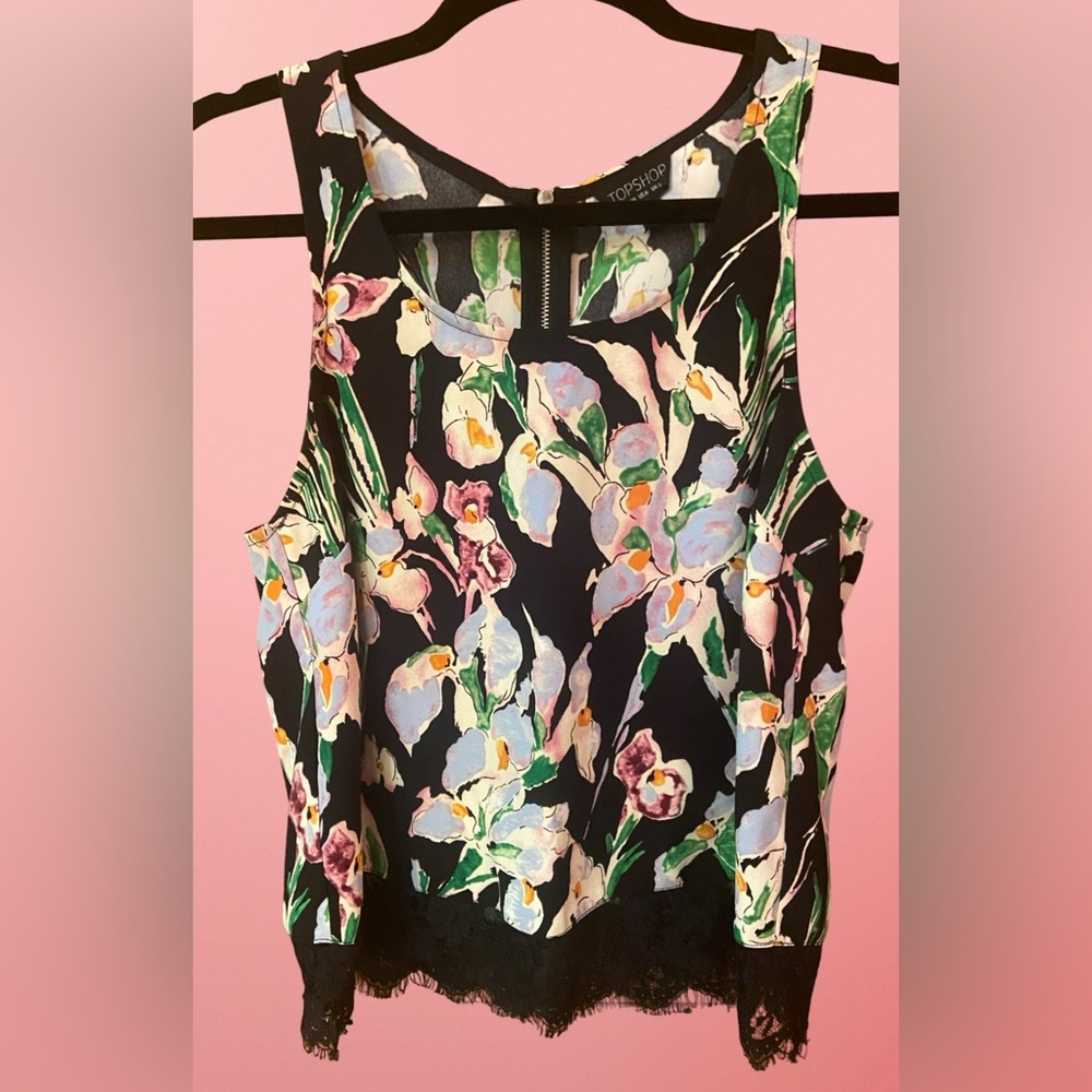 Topshop Floral & Lace Trim Tank Top - Size 6